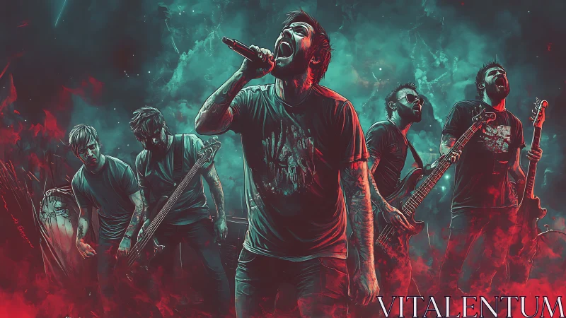 Rock band explodes on stage in fiery teal and red haze