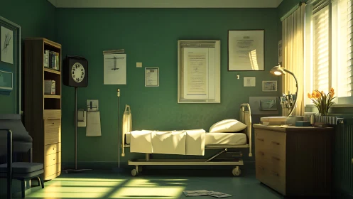 Sunlit hospital refuge where quiet sheets guard soft secrets.
