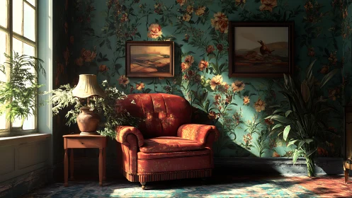 Cozy red armchair in sunlit floral vintage living room.