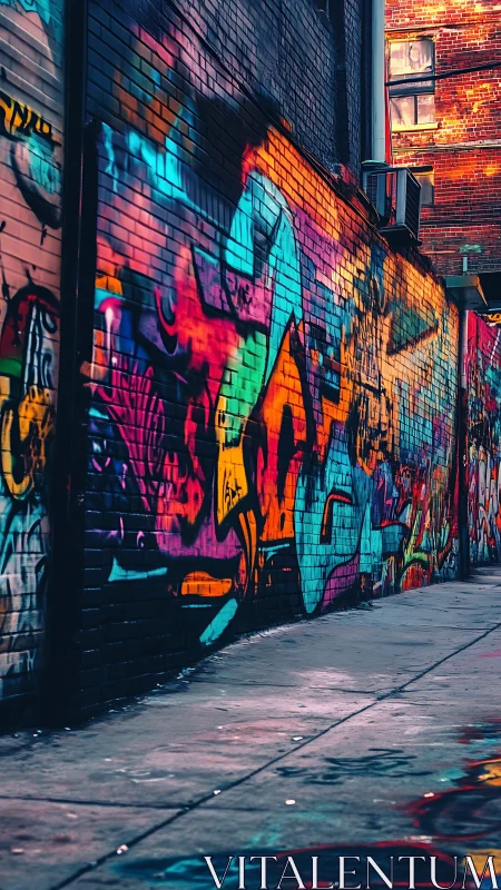 Neon graffiti colors surge along an urban alley wall at dusk.