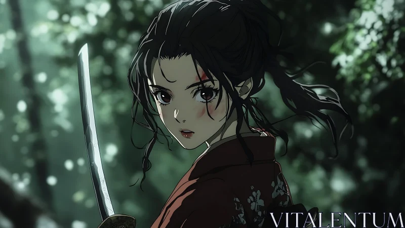 Samurai heroine in dappled forest light, katana drawn poised.