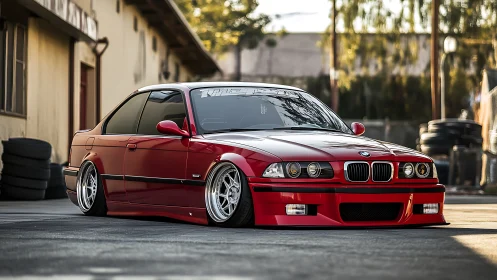 Lowered red BMW coupe parked in an industrial courtyard.