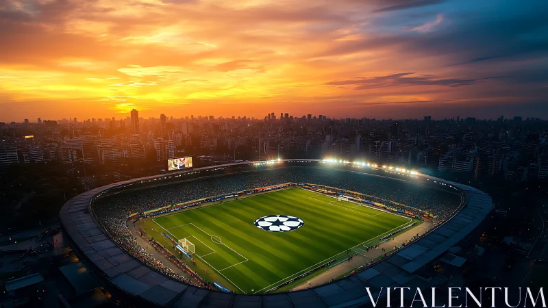 Sunset stadium glow embracing a city of football dreams.