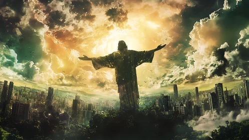 Sunlit guardian embracing a dreaming city below.