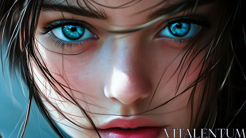 Hyperreal close-up portrait renders intense cyan irises
