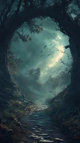 Moonlit forest path invites a quiet, mysterious journey