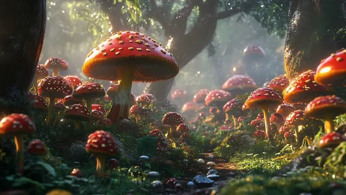 Sunlit toadstool grove in misty enchanted forest path.