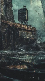 Rusted coastal surveillance tower above stormy reflective sea