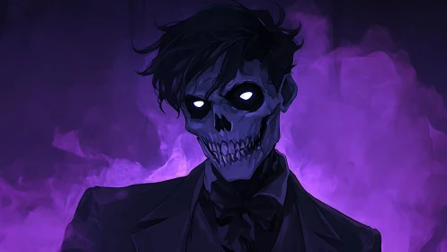 Skeletal figure in suit before dense purple vapor field.