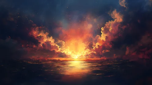 Spectral ocean horizon under volumetric luminous sunset clouds.