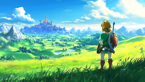 Heroic wanderer studies a sunlit kingdom of rolling emeralds