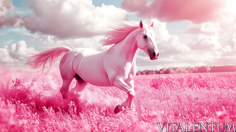 White horse runs through vivid pink field under clouds