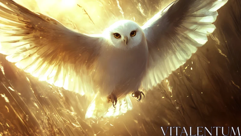Majestic white owl in golden sunlight, digital fantasy art style.