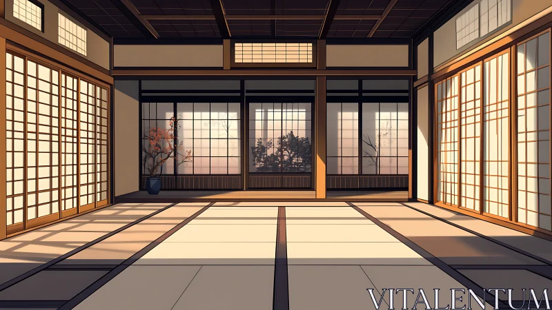 Traditional tatami interior with shoji light geometry in anime style.