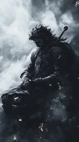 Armored warrior in chiaroscuro stormfield with embers adrift.