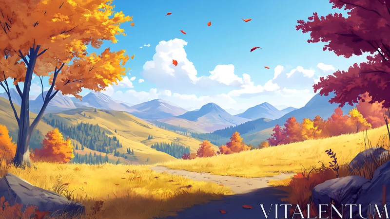 Golden autumn valley opens toward distant blue mountains
