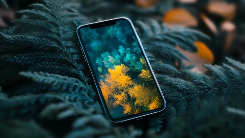 Phone Glows With Golden Nebula Dreams Among Emerald Fronds