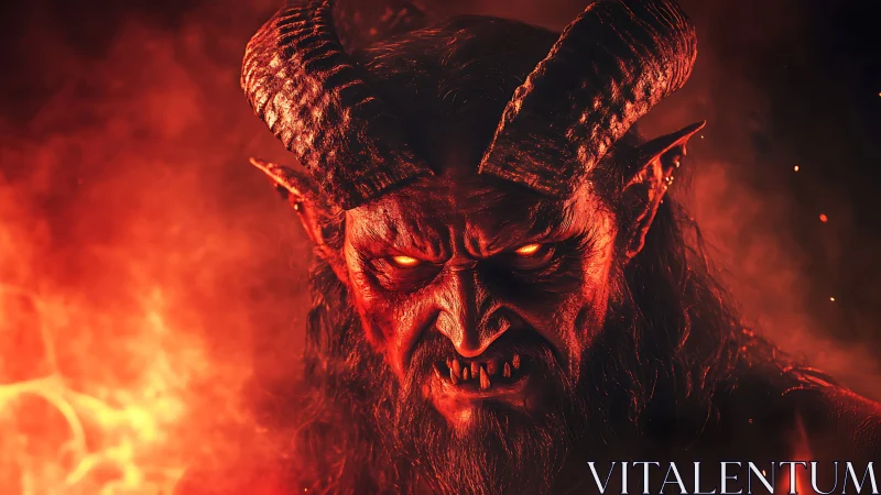 Demonic horned lord glares through infernal flames with menace