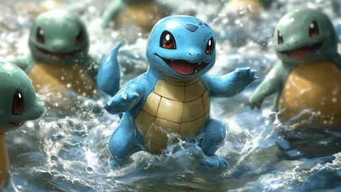 Blue turtle creature leads similar characters splashing in water