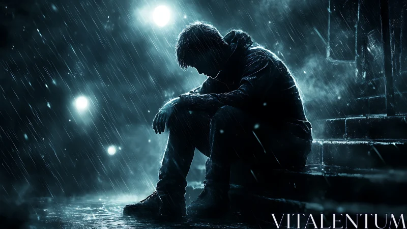 Solitary figure in rain on city steps at night, contemplative.