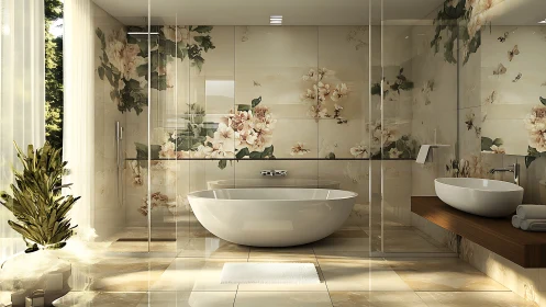 Luxurious floral bathroom with freestanding oval tub.