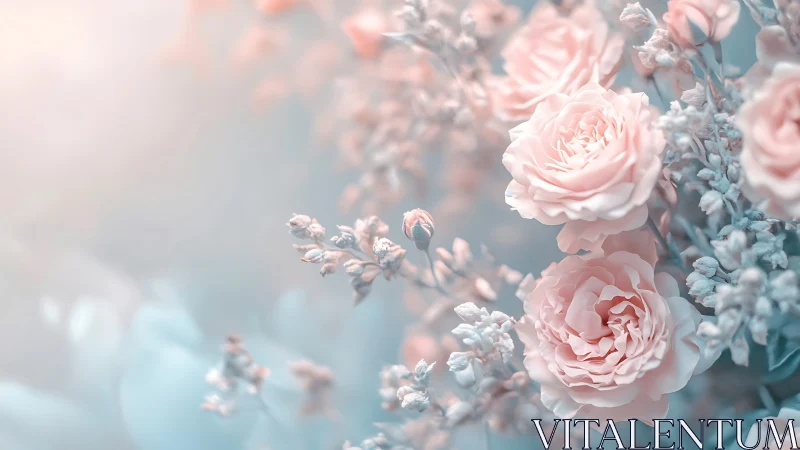 Soft focus close-up of pastel pink roses and buds.