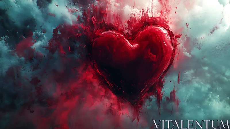 Crimson Heart Explosion Against Turquoise Mist.