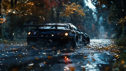 Midnight race car waits on a rain-soaked autumn forest road