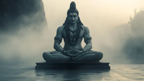 Mountain mist cradles meditating Shiva in hushed stillness.