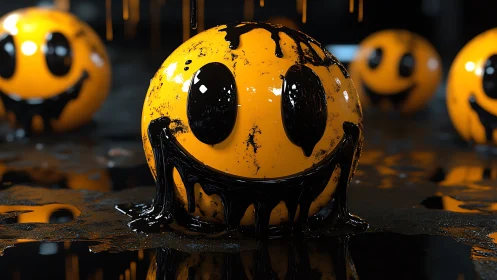 Smiley face orbs drip with inky black paint in neon gloom.