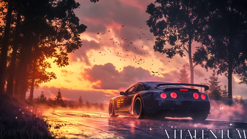 Sports car on wet forest road at vivid sunset glow.