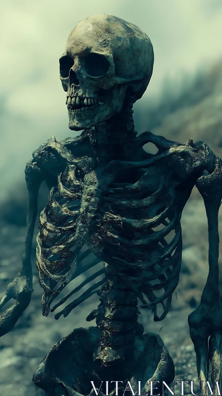 Weathered skeletal sentinel in misty wasteland gloom stands.