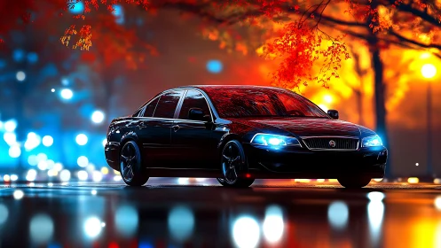 Black sedan glows under neon city lights at sunset street