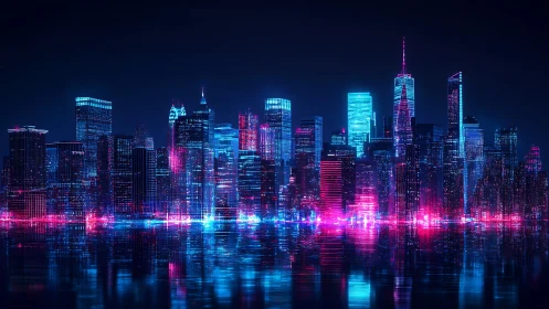 Neon city skyline reflects on dark water under night sky