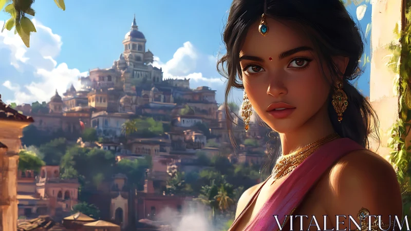 Regal woman in sari before sunlit hillside palace city.