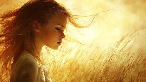 Sunlit girl in golden field breathes in quiet summer air.