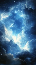 Celestial stormgate swirling open in luminous nebula sky.