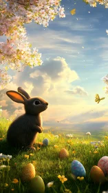 Backlit spring rabbit studies painted Easter eggs on floral hillside