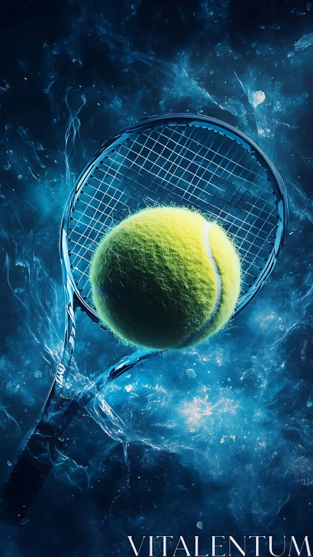 Electric tennis ball collides with racket in icy blue splash