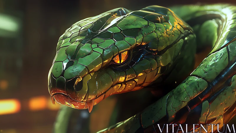 Gleaming emerald serpent rests in warm cinematic light