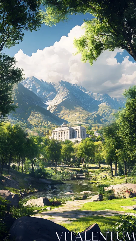 Lakeside manor framed by alpine peaks and sunlit forest.