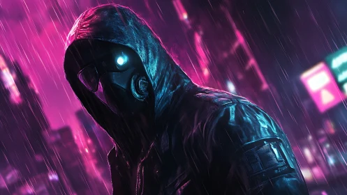 Cyberpunk hooded operative with respirator mask in neon rain