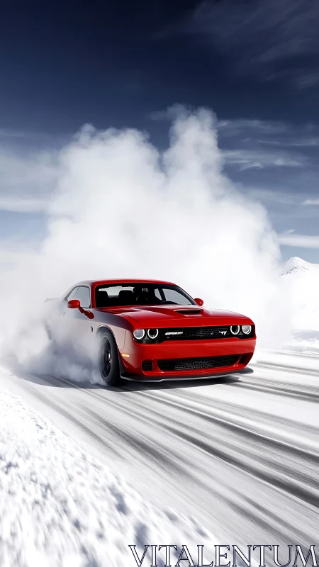 Red muscle car drifts through snowy landscape at speed.