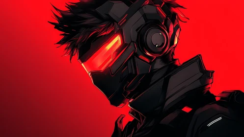 Neon cyber warrior gazes ahead in bold red futuristic glow