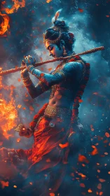 Digital figure with flute stands amid contrasted fire and smoke