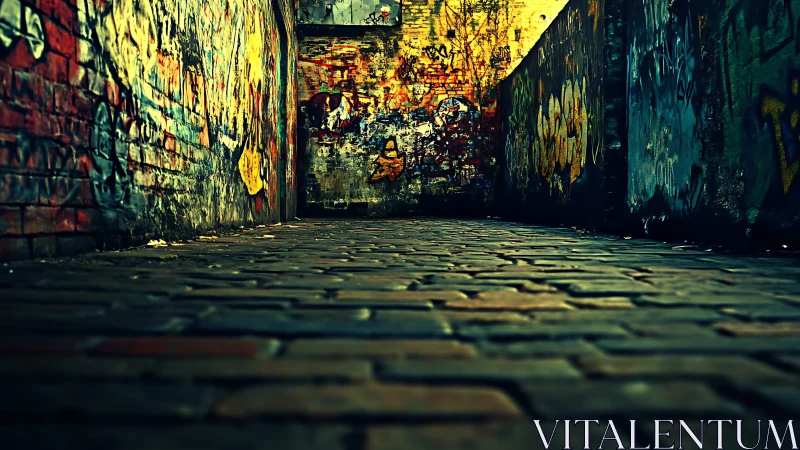 Graffiti alleyway glows under moody golden urban light.
