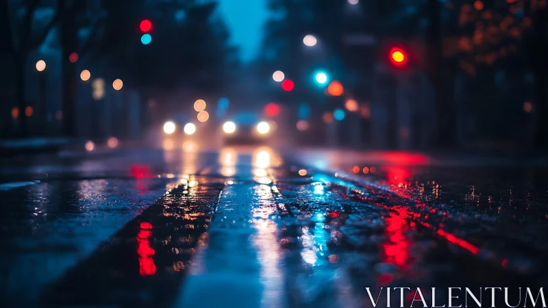 Wet city street reflects blurred traffic lights at night