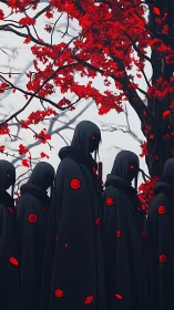 Hooded figures under red foliage in stylized forest scene.
