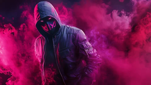 Hooded neon-masked figure emerges through magenta vapor field