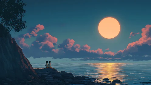 Two figures on coastal steps under large moon over sea.